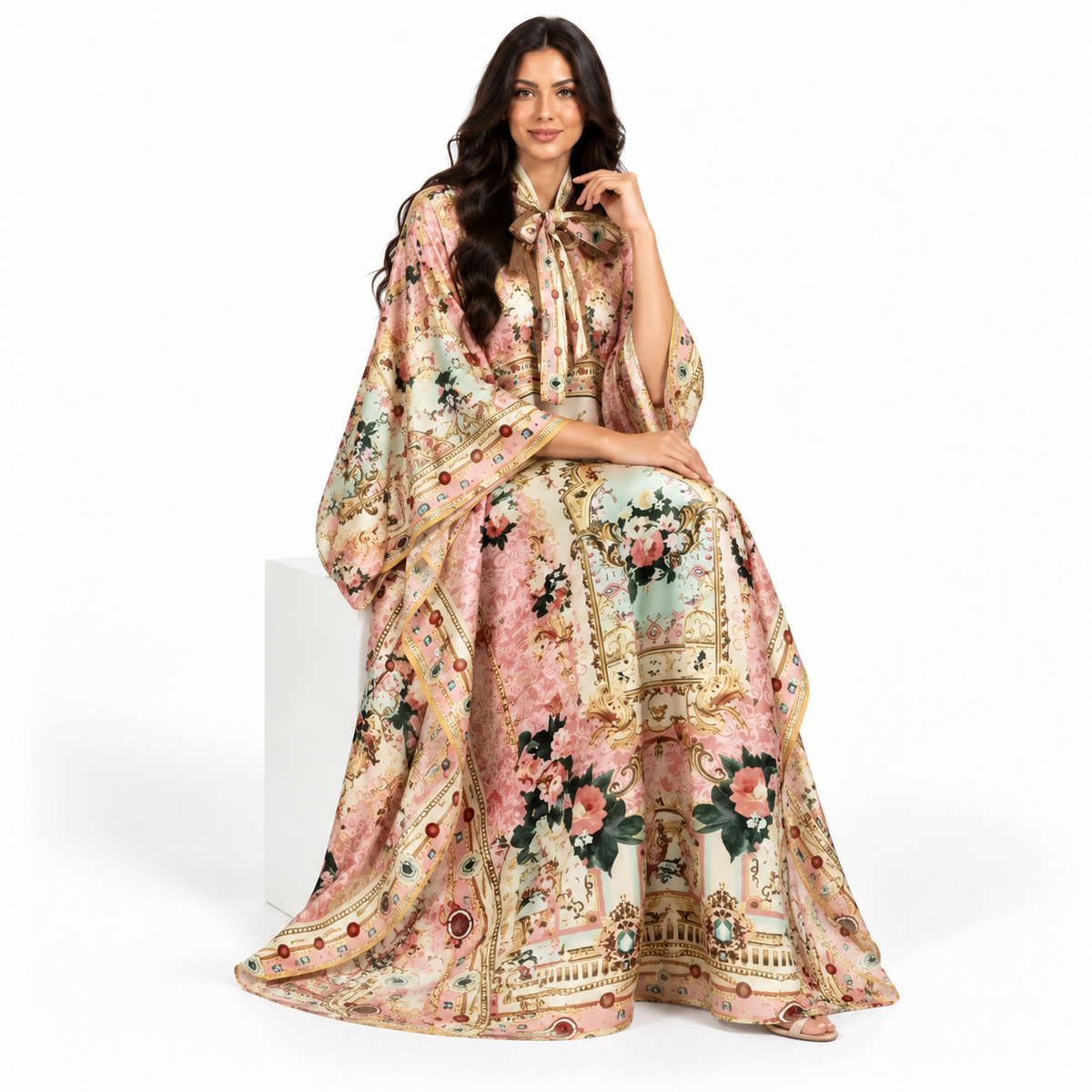 Elegant Pink Floral Printed Satin Kaftan-2