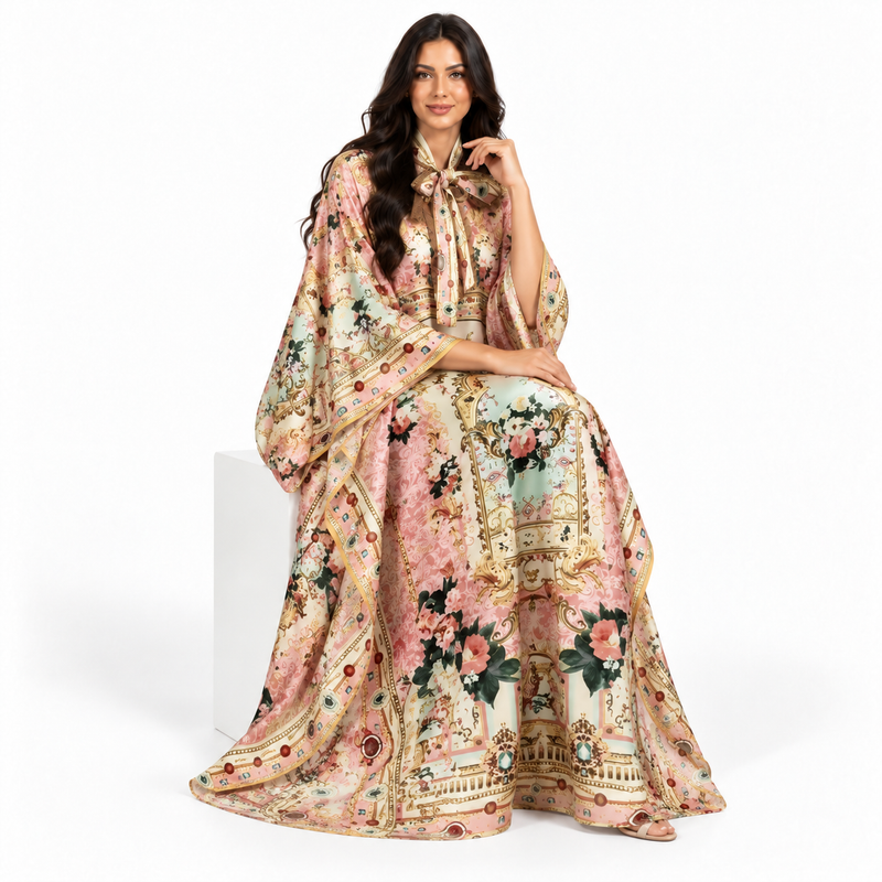 Elegant Pink Floral Printed Satin Kaftan-2