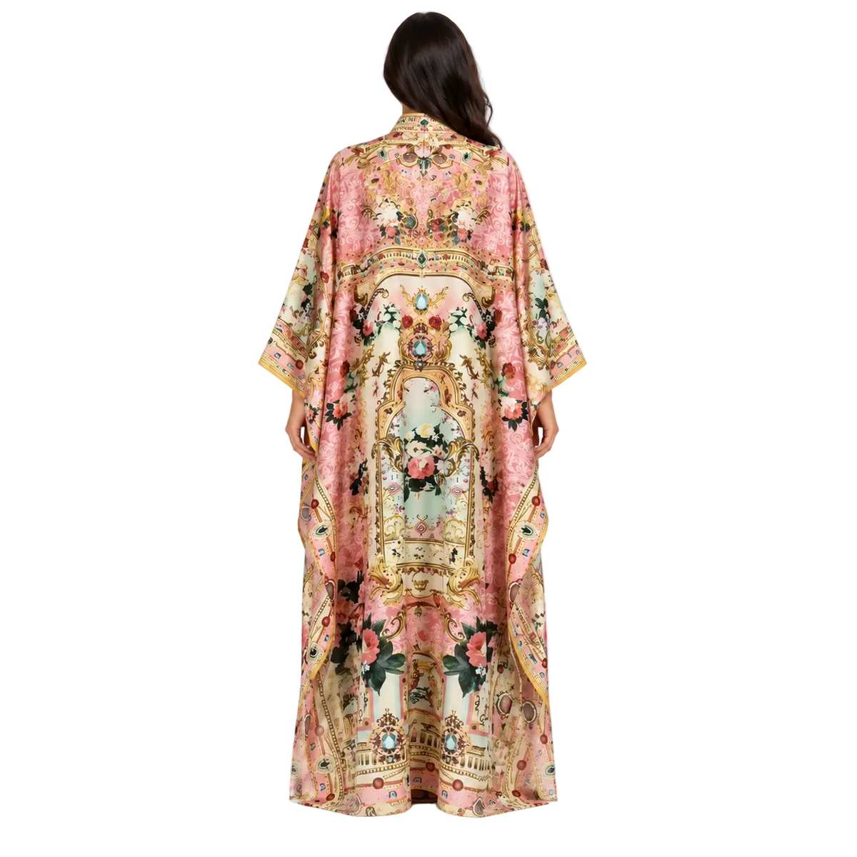 Elegant Pink Floral Printed Satin Kaftan-4