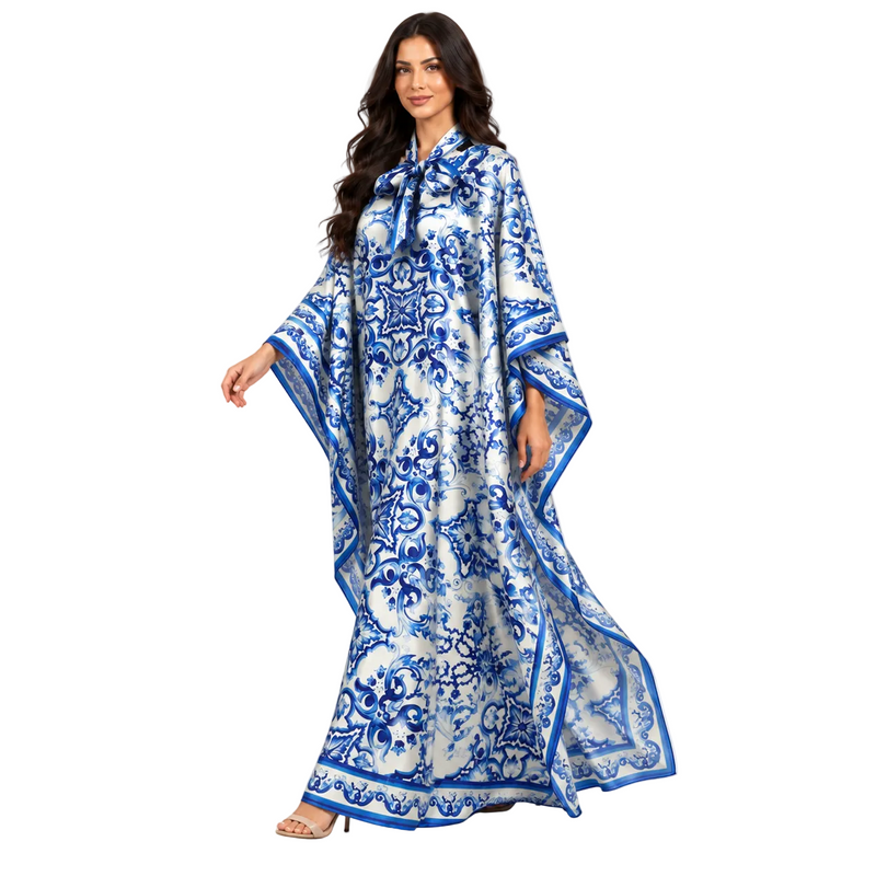 Elegant Blue Floral Printed Satin Kaftan-3