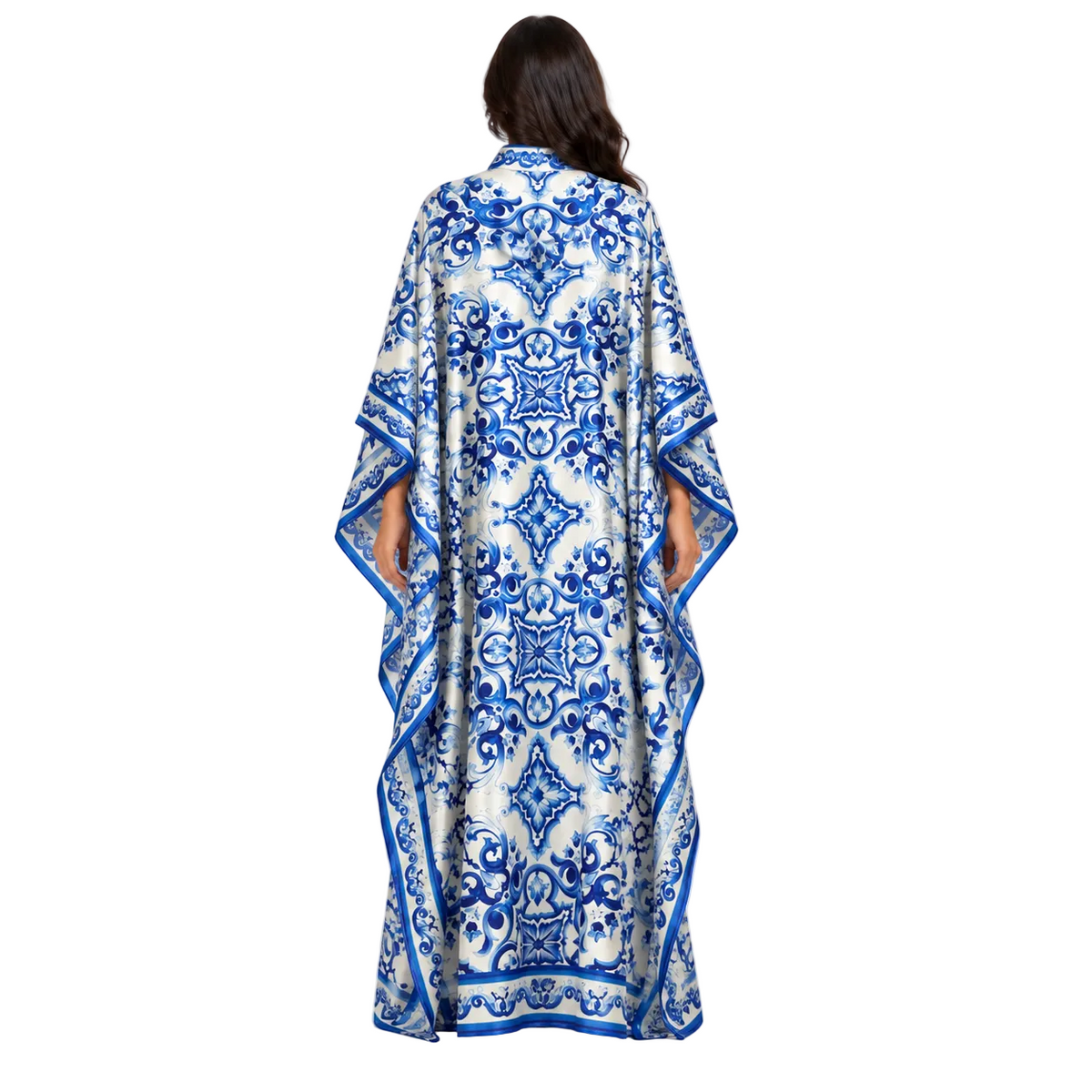 Elegant Blue Floral Printed Satin Kaftan-4