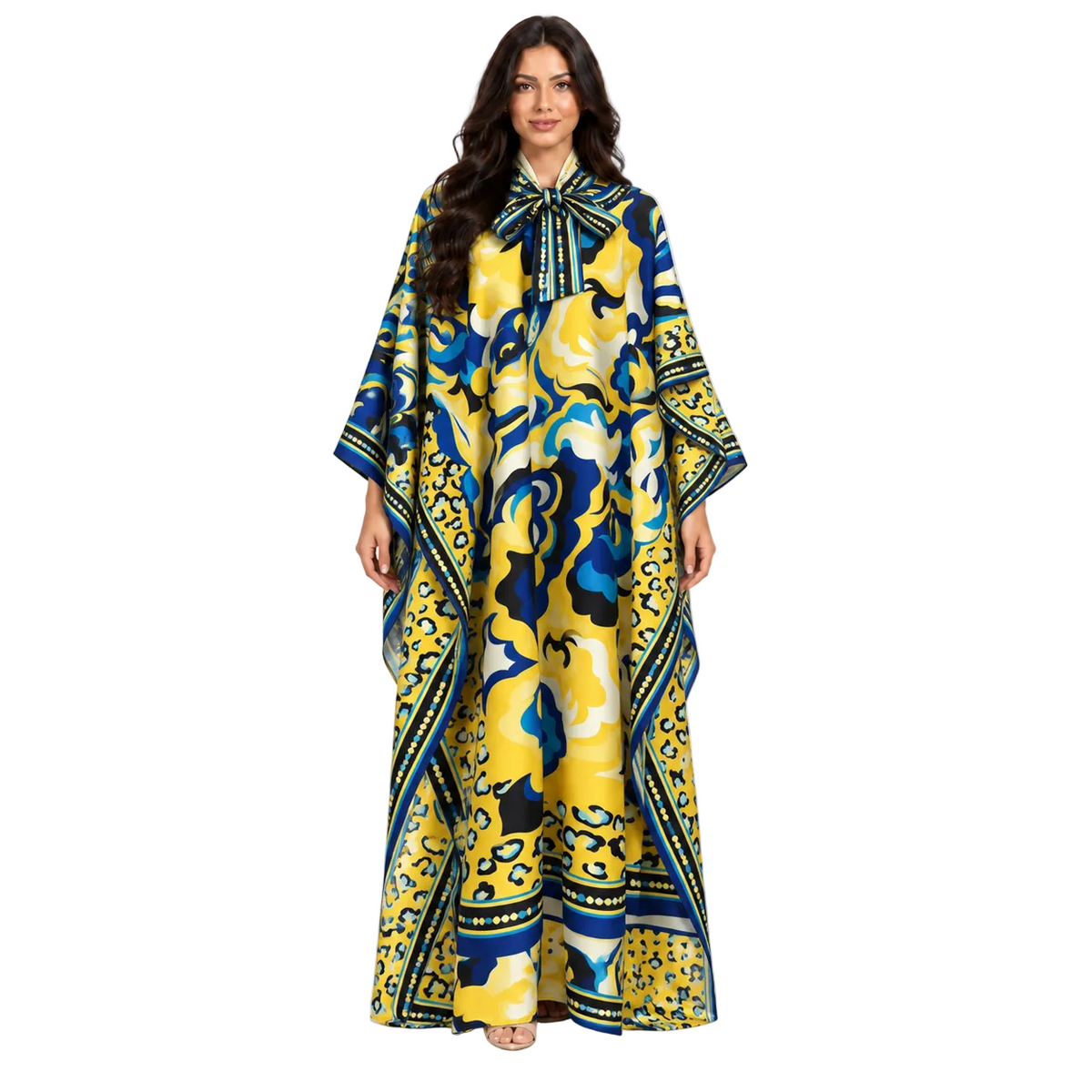 Elegant Blue Yellow Printed Satin Kaftan-1