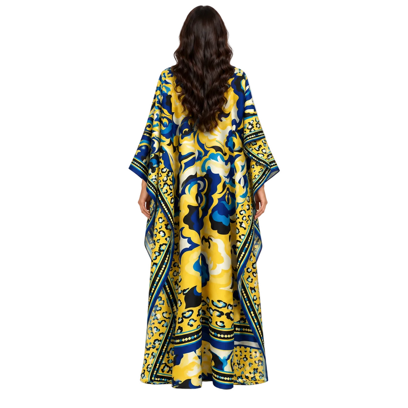 Elegant Blue Yellow Printed Satin Kaftan-4