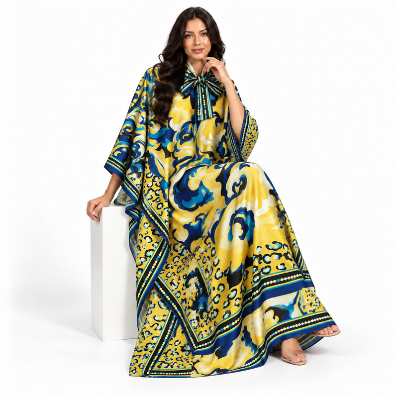 Elegant Blue Yellow Printed Satin Kaftan-3