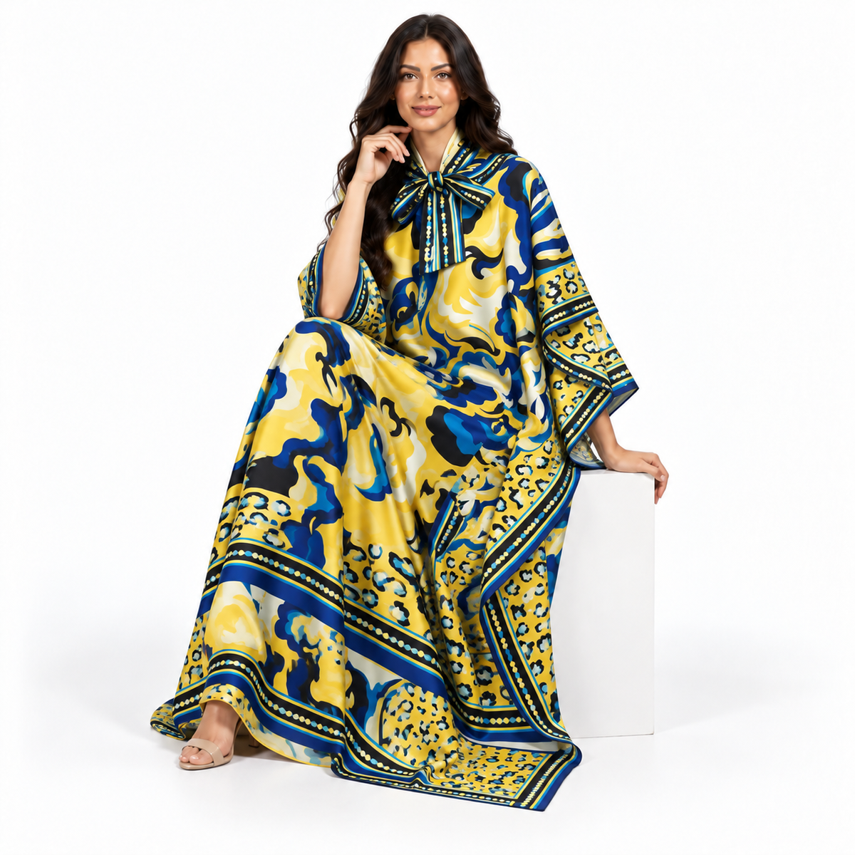 Elegant Blue Yellow Printed Satin Kaftan-2