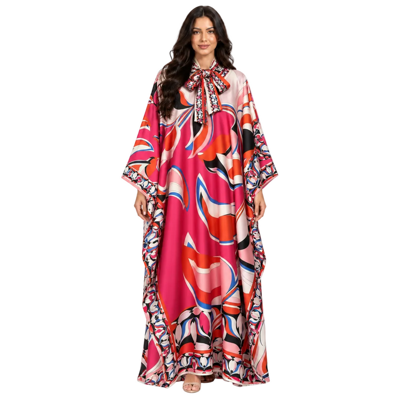 Elegant Pink Abstract Print Satin Kaftan-1