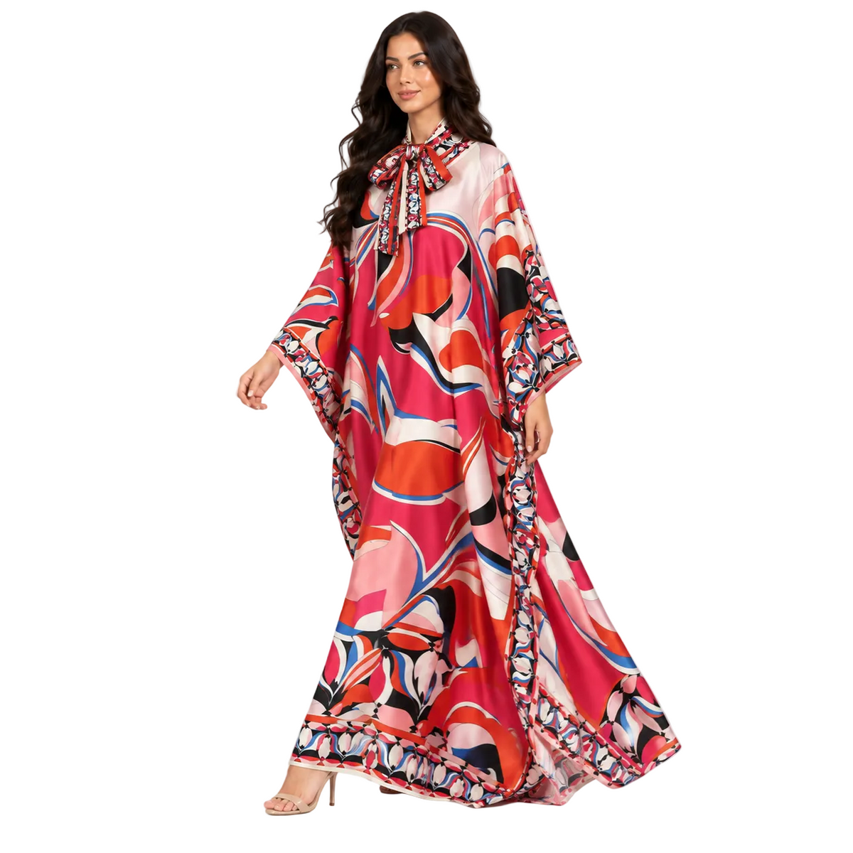 Elegant Pink Abstract Print Satin Kaftan-3
