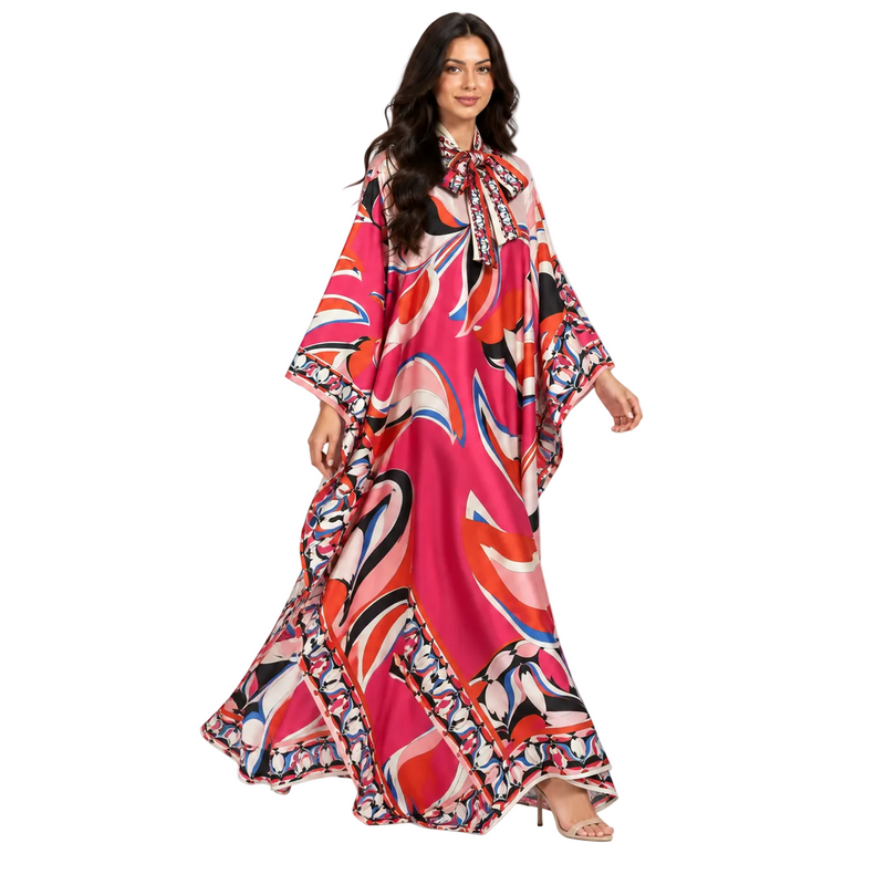 Elegant Pink Abstract Print Satin Kaftan-2