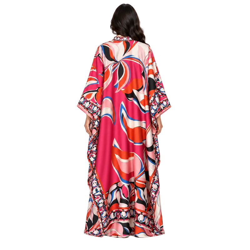 Elegant Pink Abstract Print Satin Kaftan-4