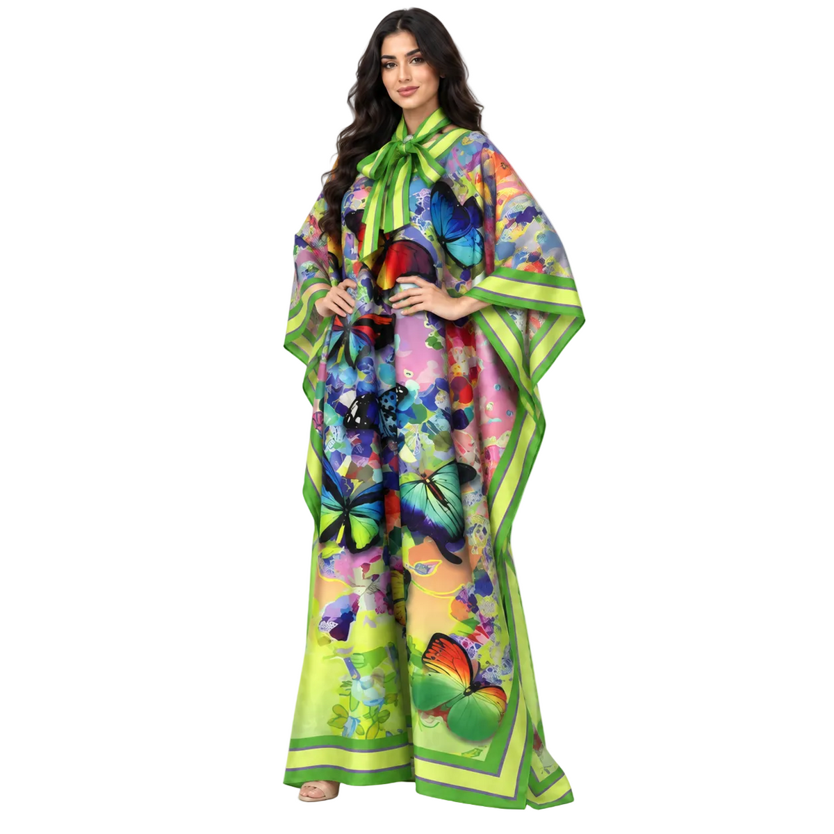 Elegant Multicolor Butterfly Print Satin Kaftan-2