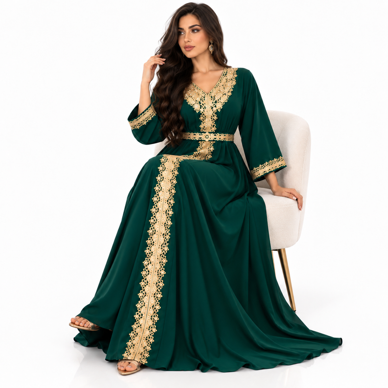 Emerald Gold Embroidered Luxury Women’s Kaftan-2