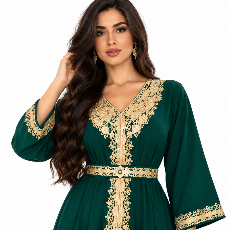 Emerald Gold Embroidered Luxury Women’s Kaftan-3