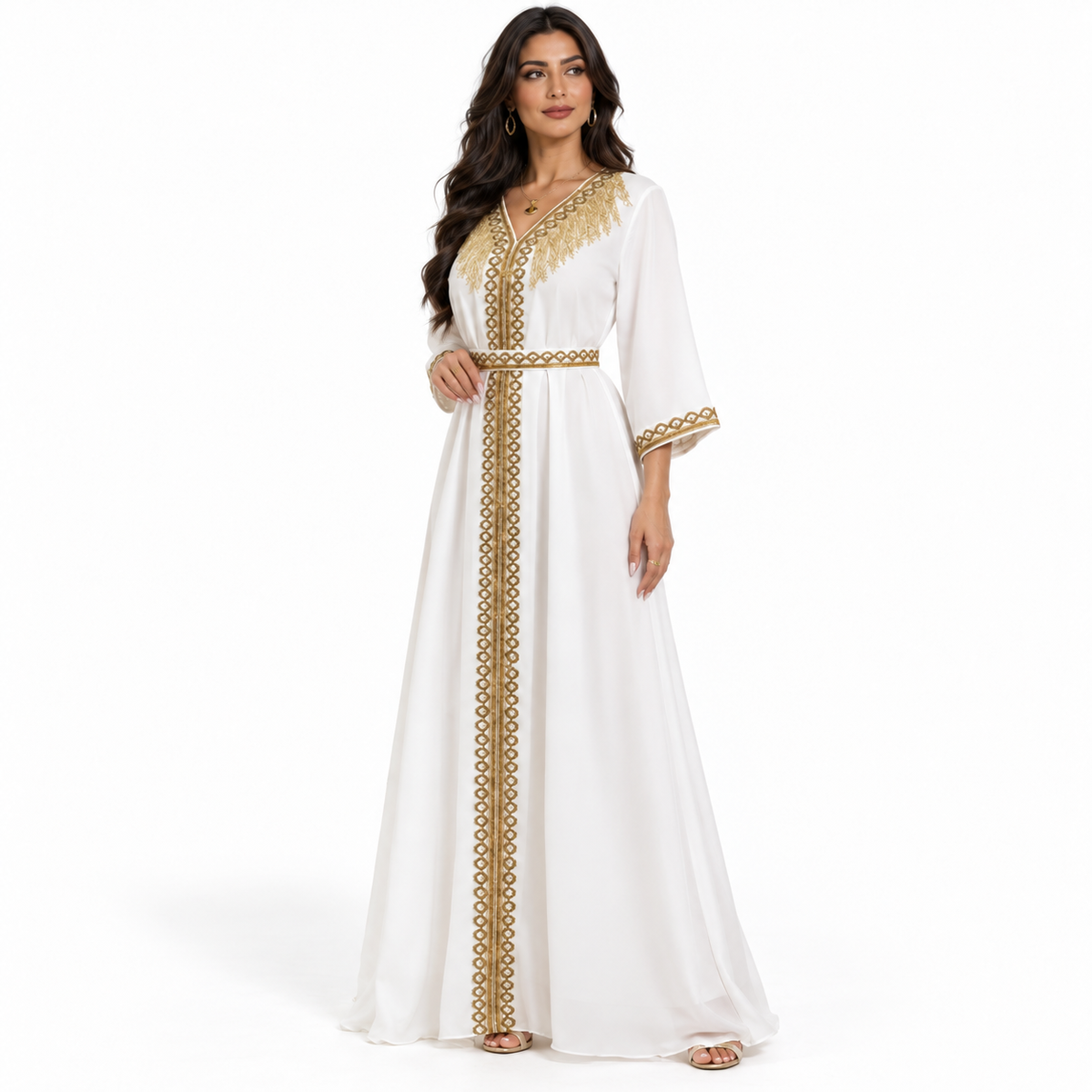 Ivory Gold Embroidered Moroccan Luxury Kaftan-3