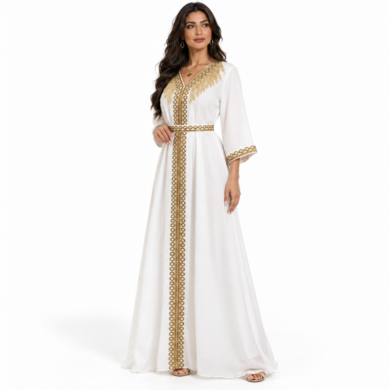 Ivory Gold Embroidered Moroccan Luxury Kaftan-3