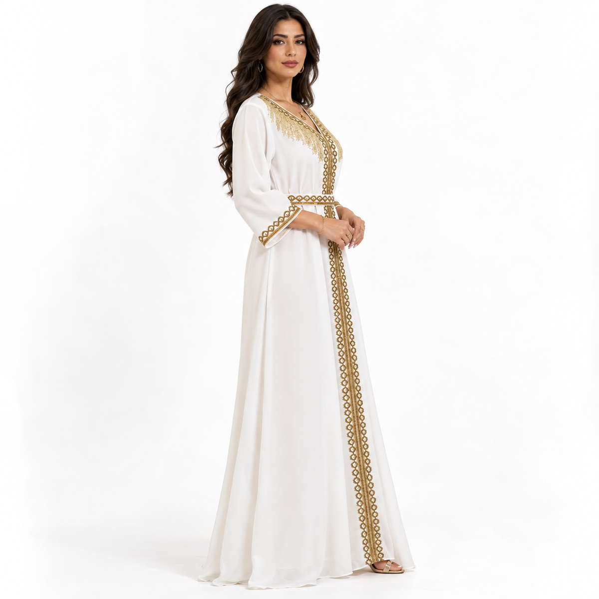 Ivory Gold Embroidered Moroccan Luxury Kaftan-2
