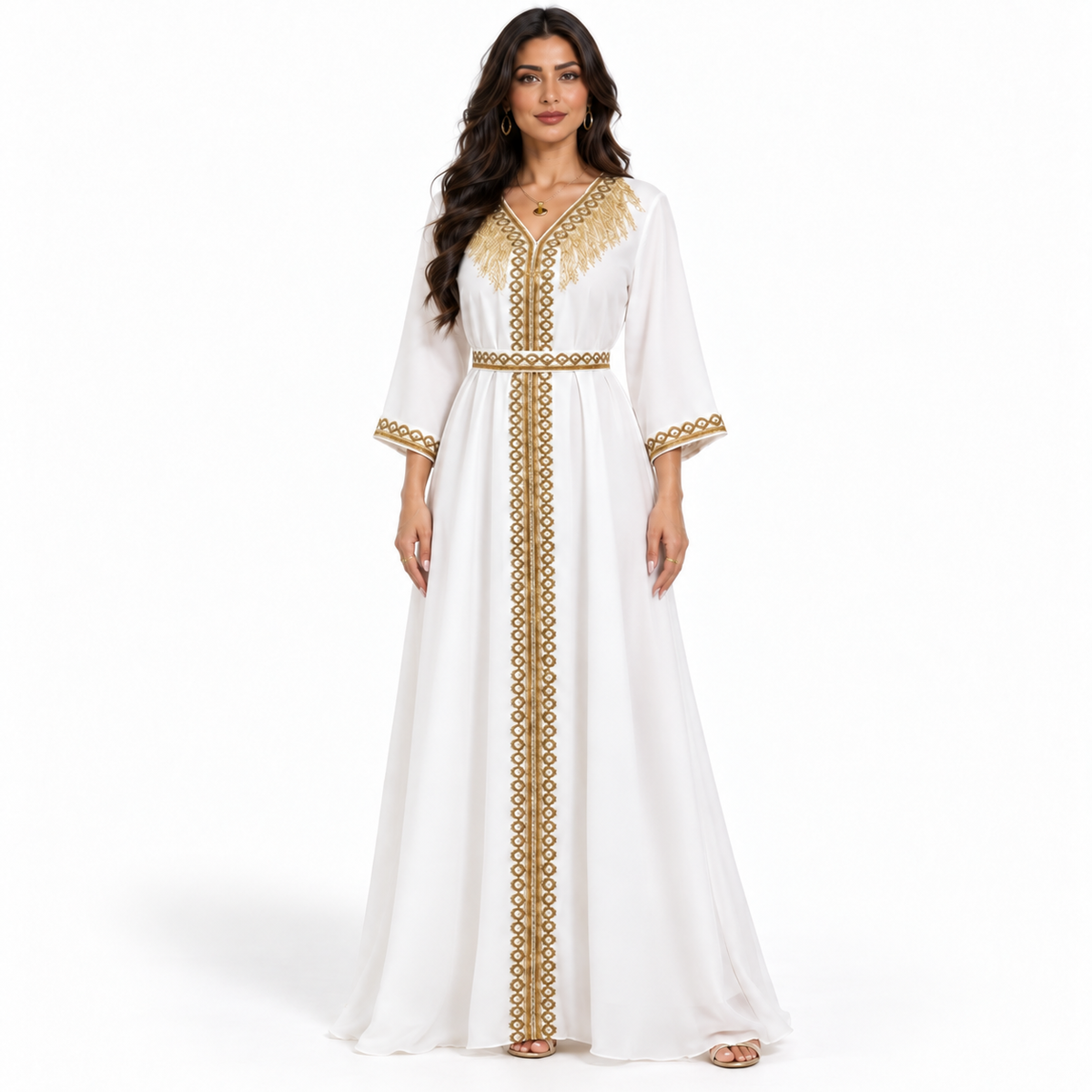 Ivory Gold Embroidered Moroccan Luxury Kaftan-1