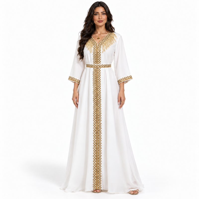 Ivory Gold Embroidered Moroccan Luxury Kaftan-1