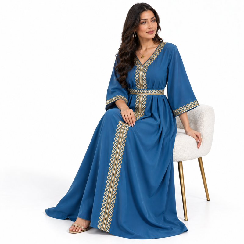 Royal Blue Gold Embroidered Luxury Kaftan-3
