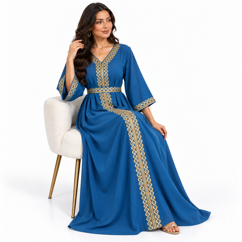 Royal Blue Gold Embroidered Luxury Kaftan-2