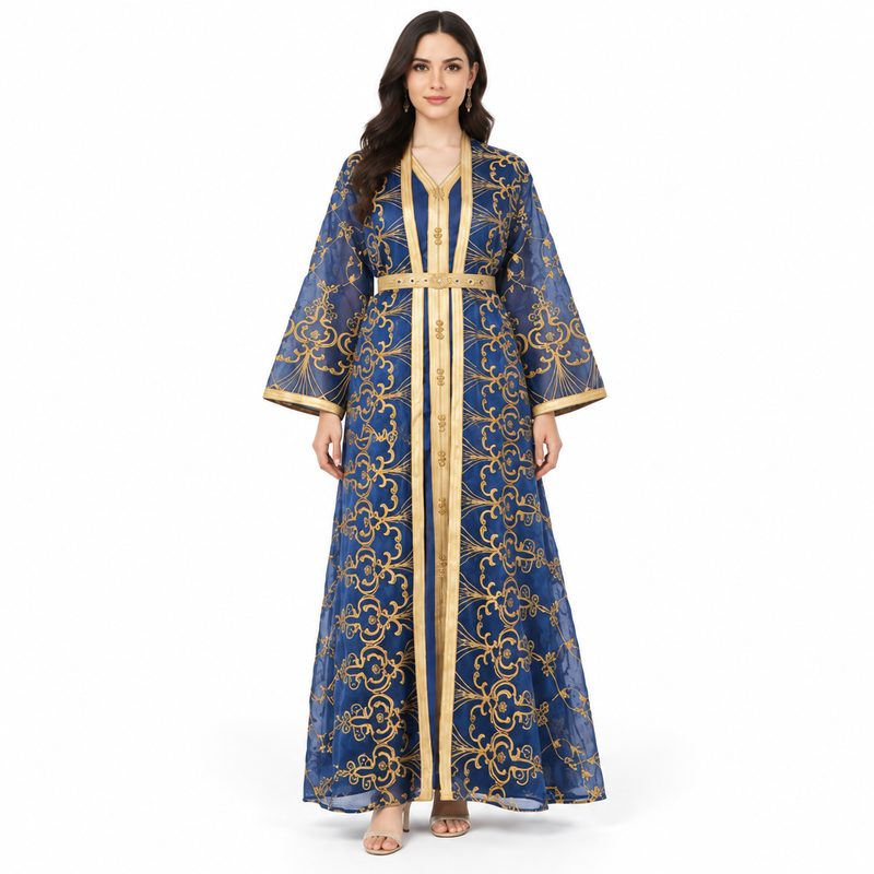 Royal Blue Gold Embroidered Luxury Kaftan-1