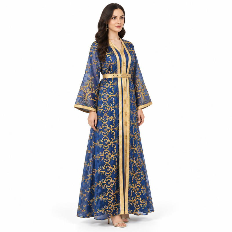 Royal Blue Gold Embroidered Luxury Kaftan-3