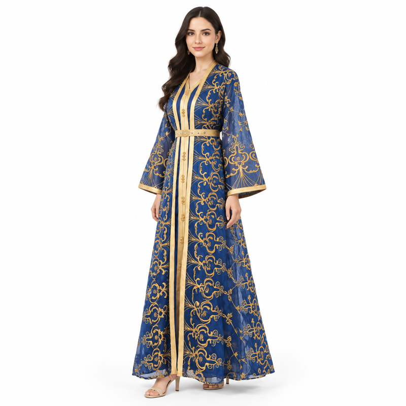 Royal Blue Gold Embroidered Luxury Kaftan-2