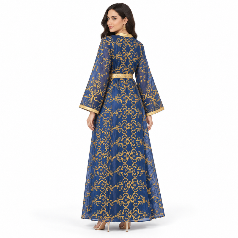 Royal Blue Gold Embroidered Luxury Kaftan-4