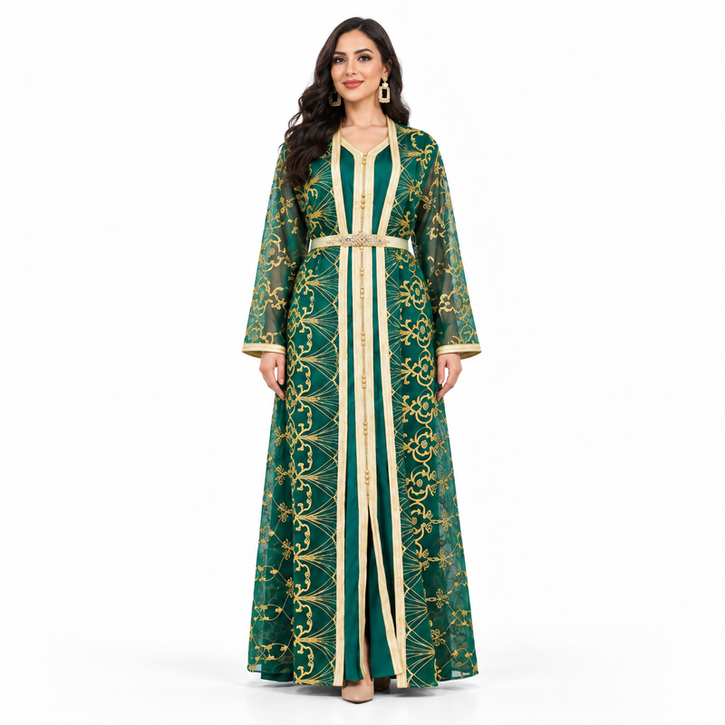 Emerald Gold Embroidered Luxury Women’s Kaftan-1