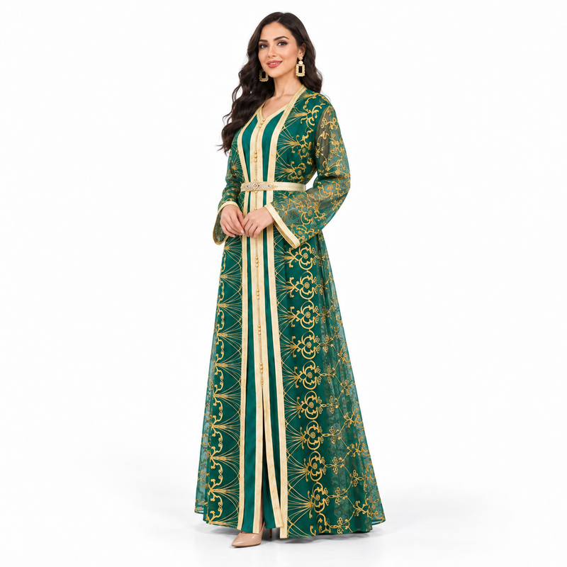Emerald Gold Embroidered Luxury Women’s Kaftan-3