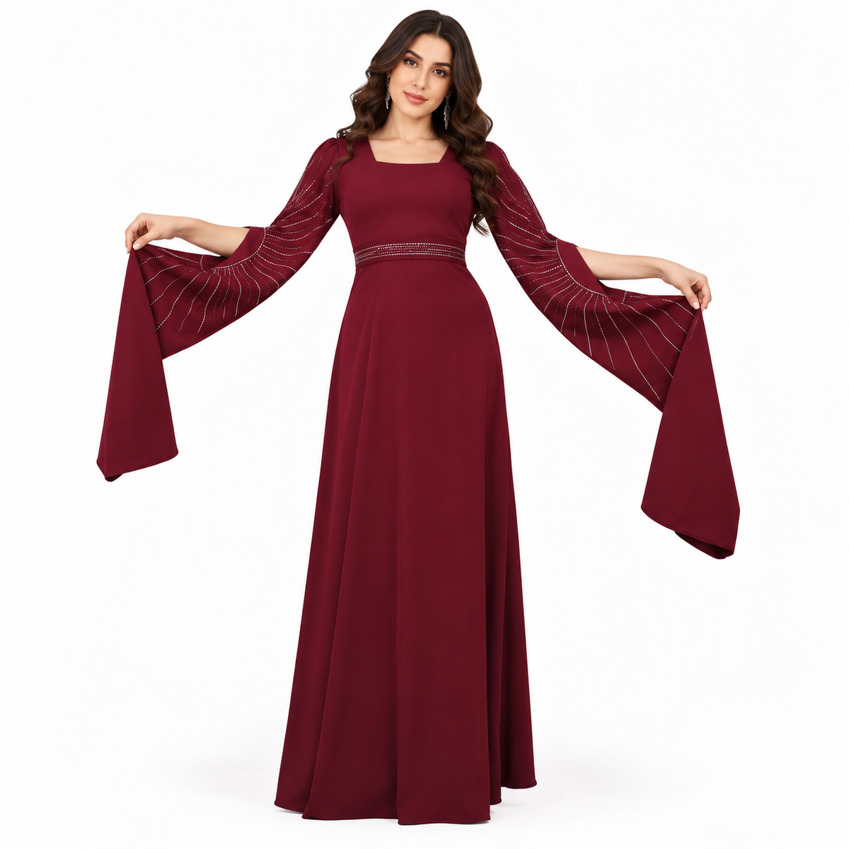 Wine Red Rhinestone Butterfly Sleeve Kaftan  Description:-1