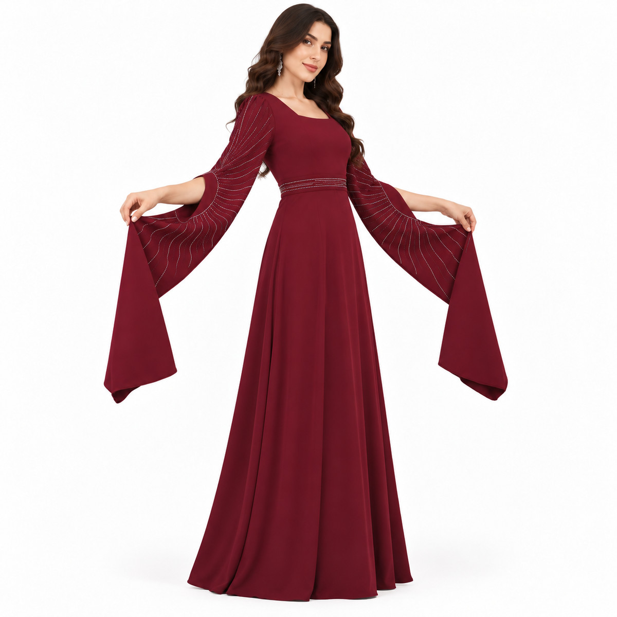 Wine Red Rhinestone Butterfly Sleeve Kaftan  Description:-3