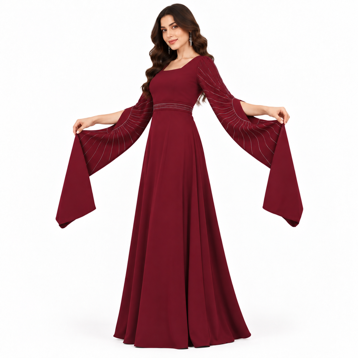 Wine Red Rhinestone Butterfly Sleeve Kaftan  Description:-2