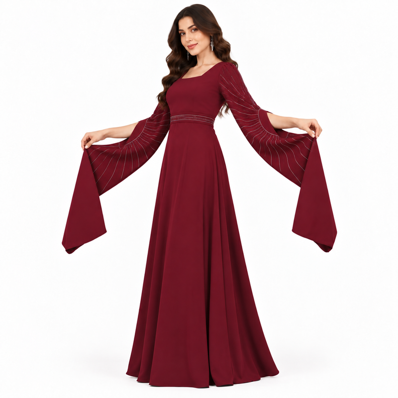 Wine Red Rhinestone Butterfly Sleeve Kaftan  Description:-2