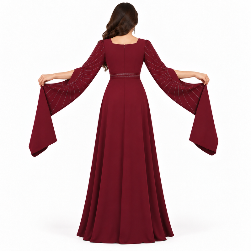 Wine Red Rhinestone Butterfly Sleeve Kaftan  Description:-4