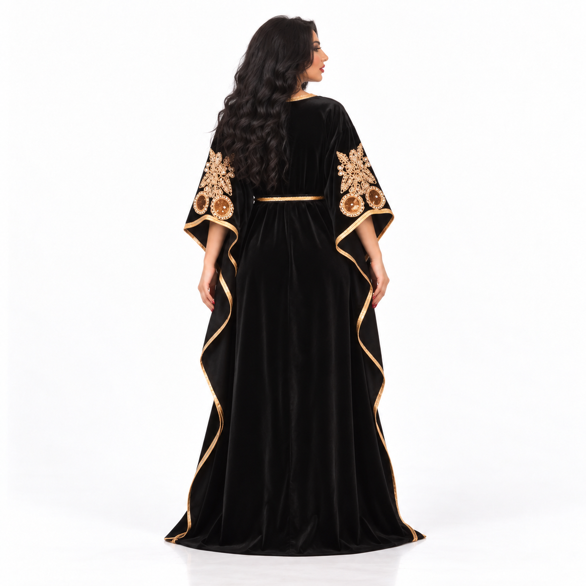 Black Gold Embroidered Luxury Velvet Kaftan-4