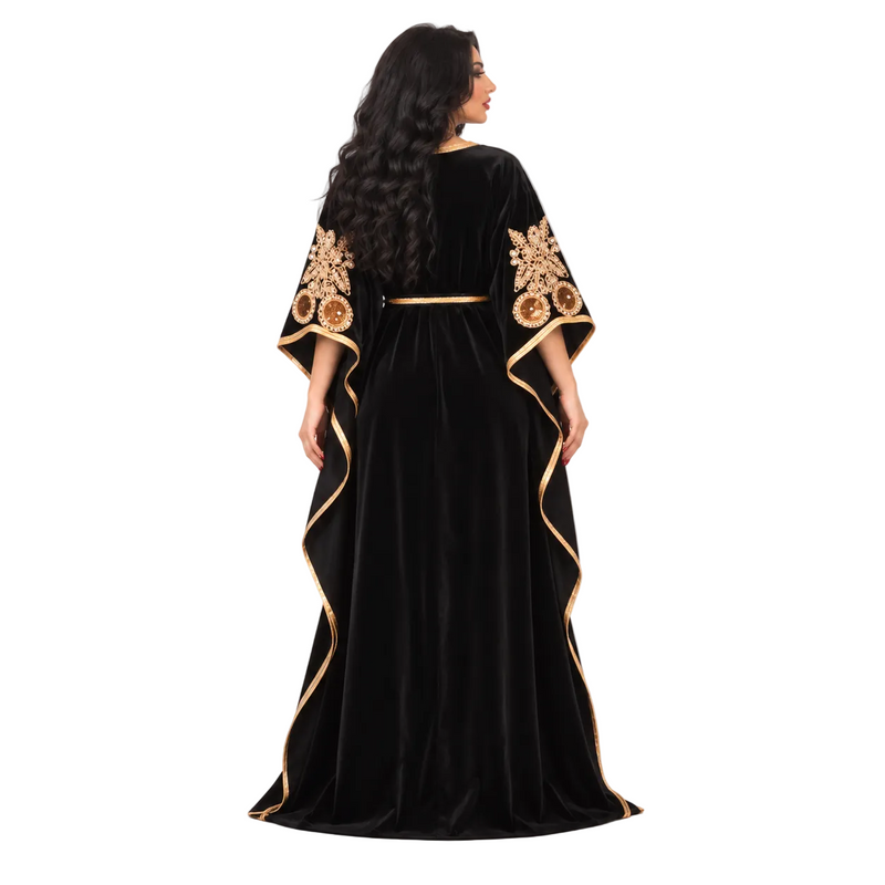 Black Gold Embroidered Luxury Velvet Kaftan-4