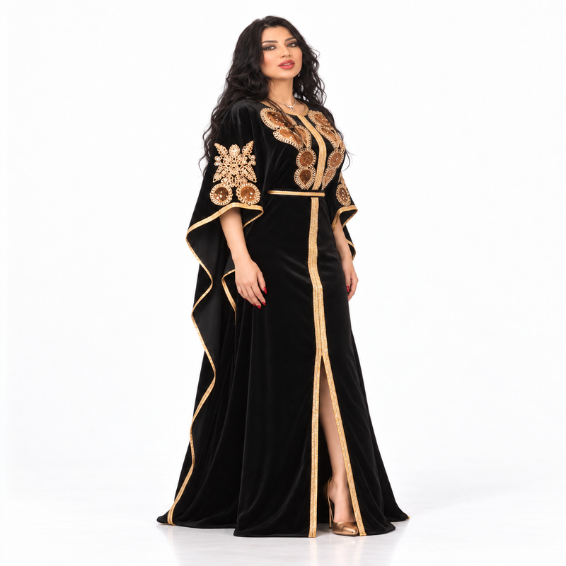 Black Gold Embroidered Luxury Velvet Kaftan-2