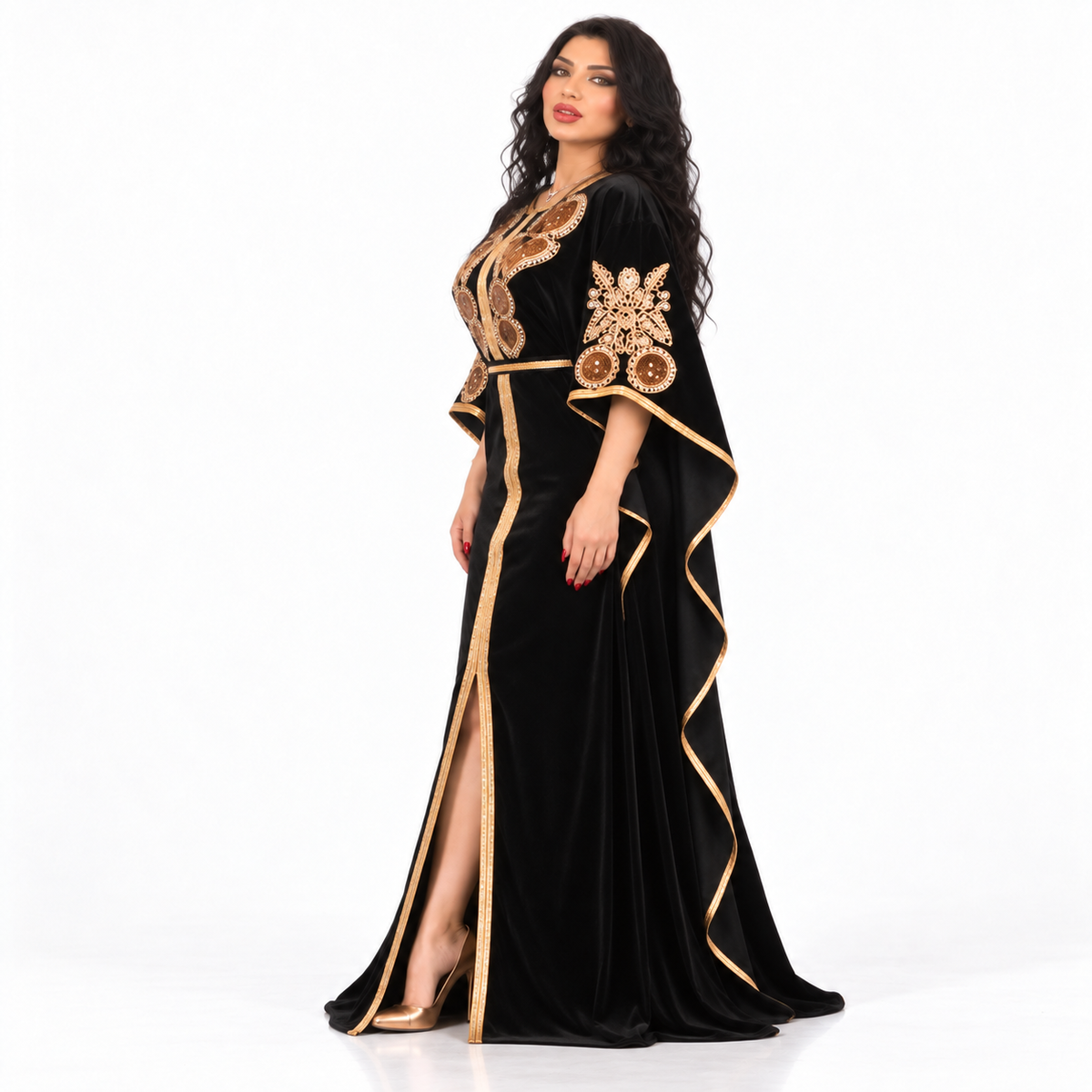 Black Gold Embroidered Luxury Velvet Kaftan-3