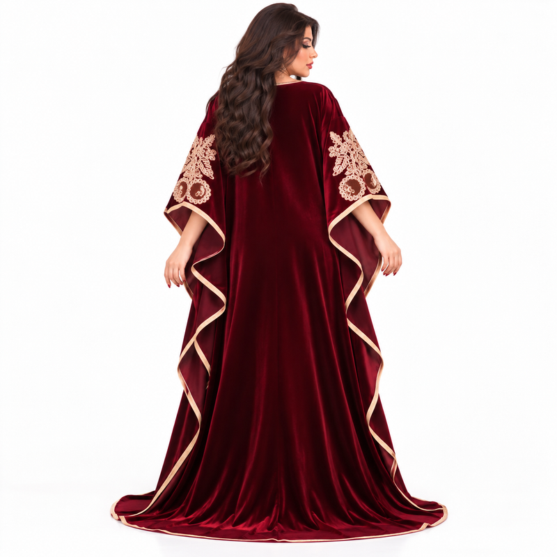 Wine Gold Embroidered Luxury Velvet Kaftan-4