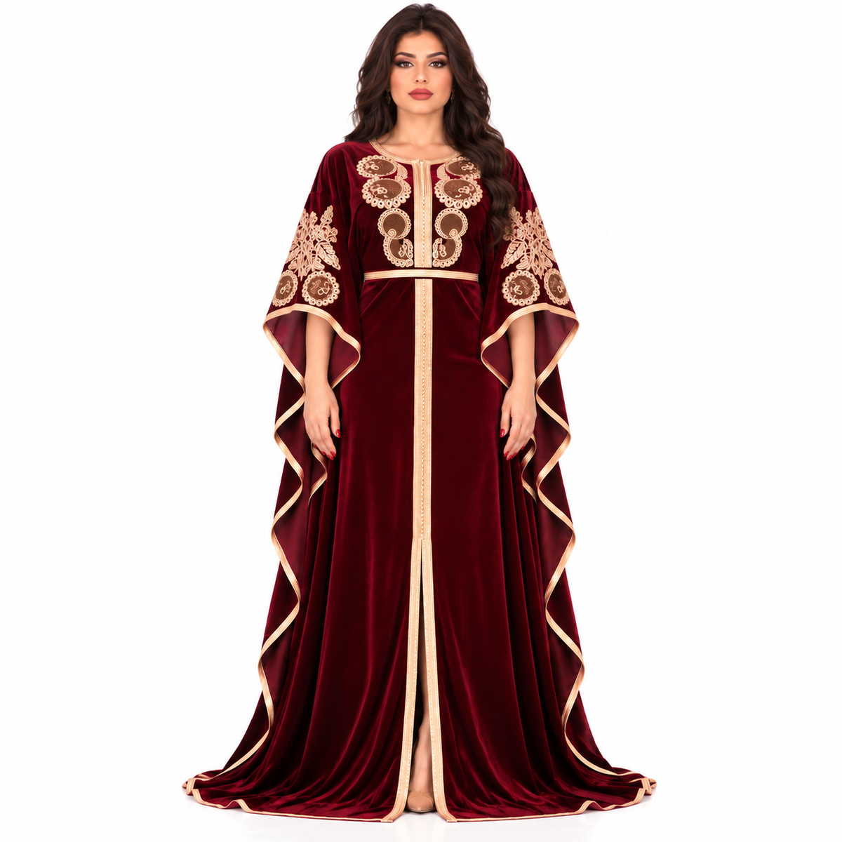 Wine Gold Embroidered Luxury Velvet Kaftan-1