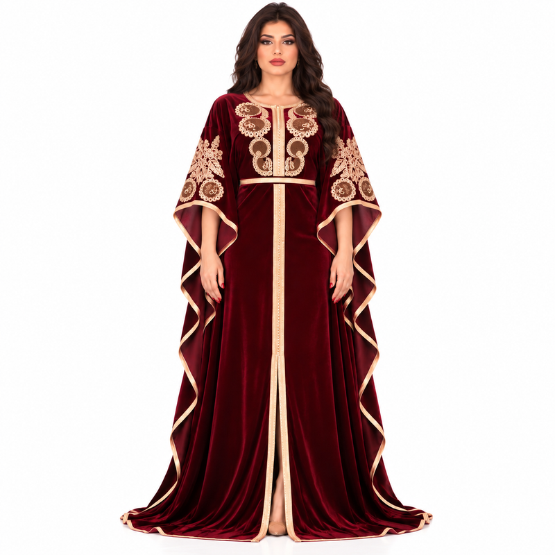 Wine Gold Embroidered Luxury Velvet Kaftan-1