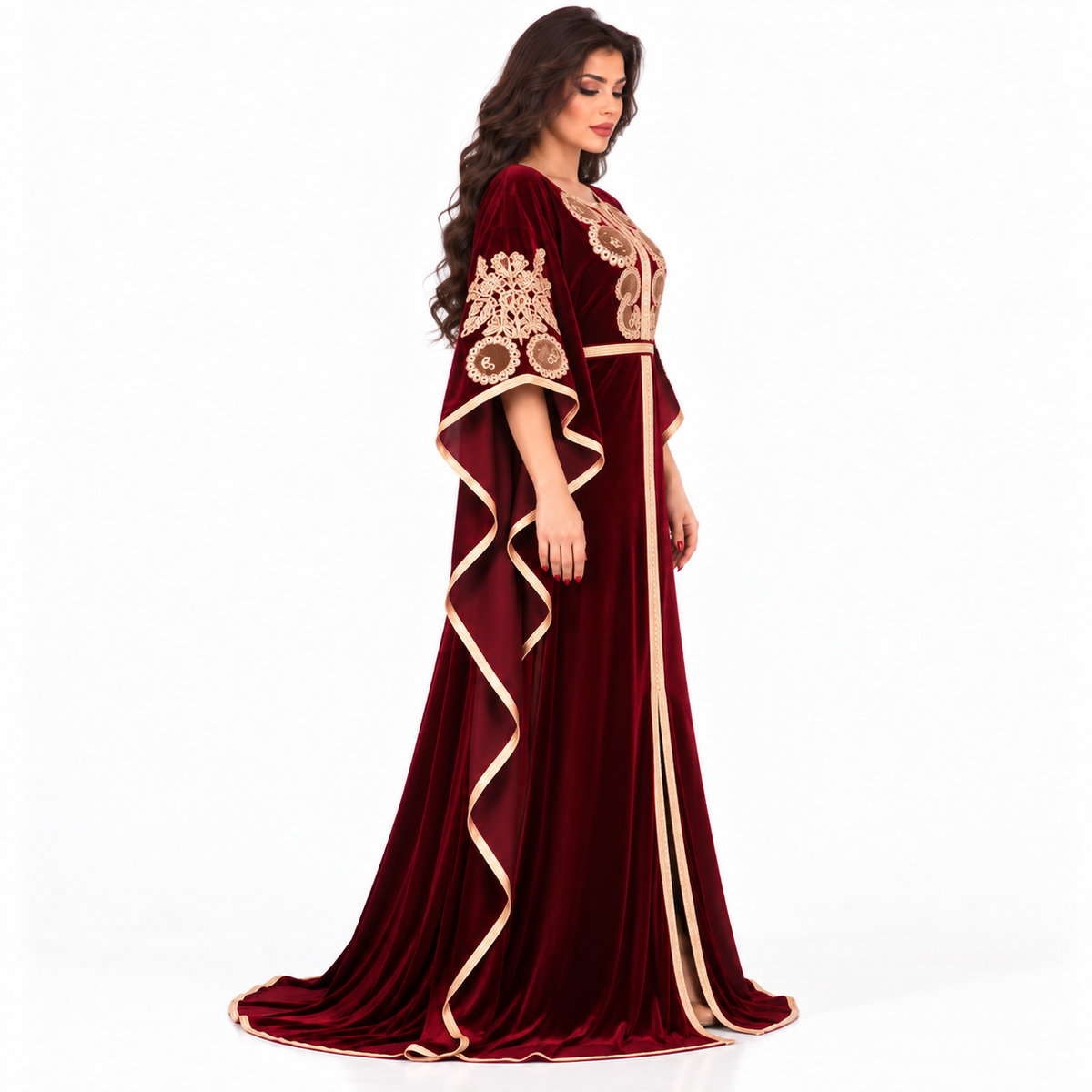 Wine Gold Embroidered Luxury Velvet Kaftan-2