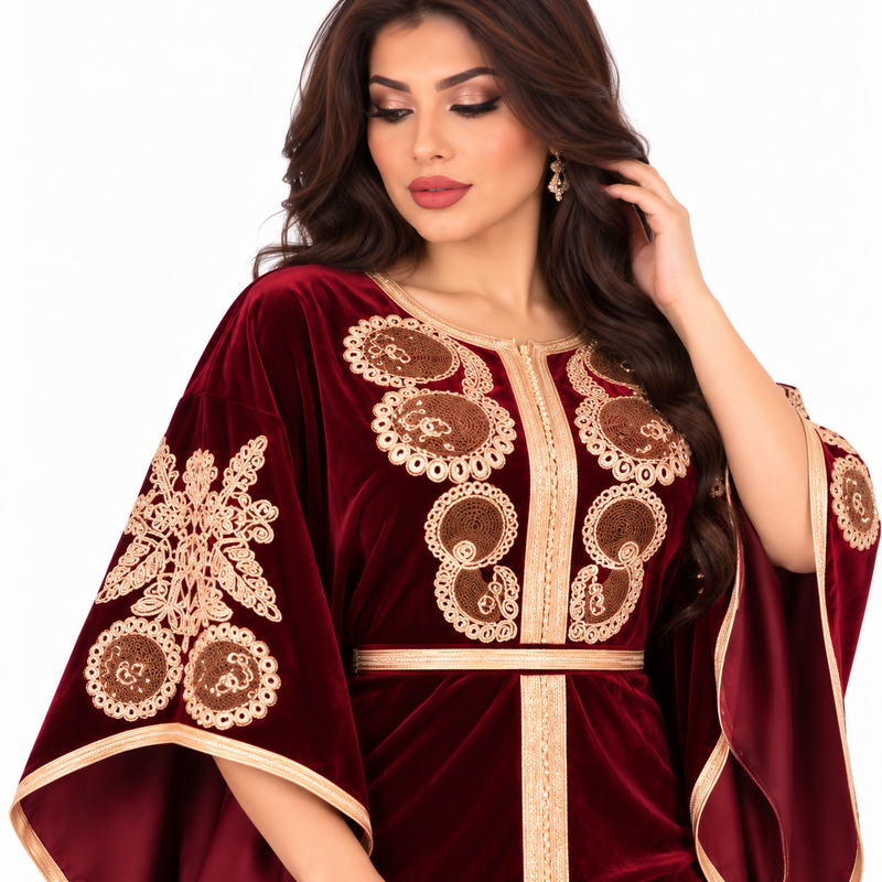 Wine Gold Embroidered Luxury Velvet Kaftan-3
