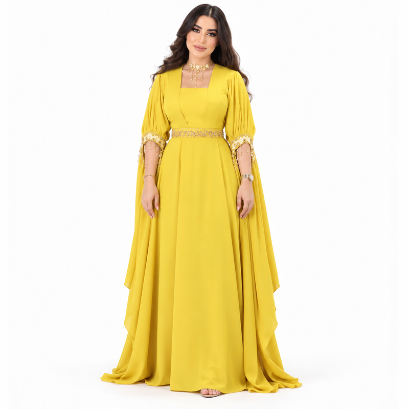Mustard Gold Embellished Luxury Moroccan Kaftan-1