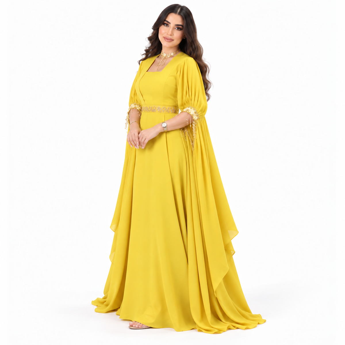 Mustard Gold Embellished Luxury Moroccan Kaftan-3