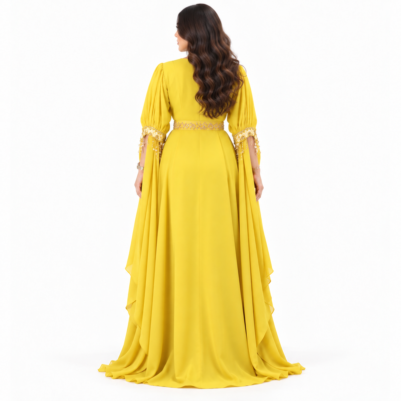Mustard Gold Embellished Luxury Moroccan Kaftan-4