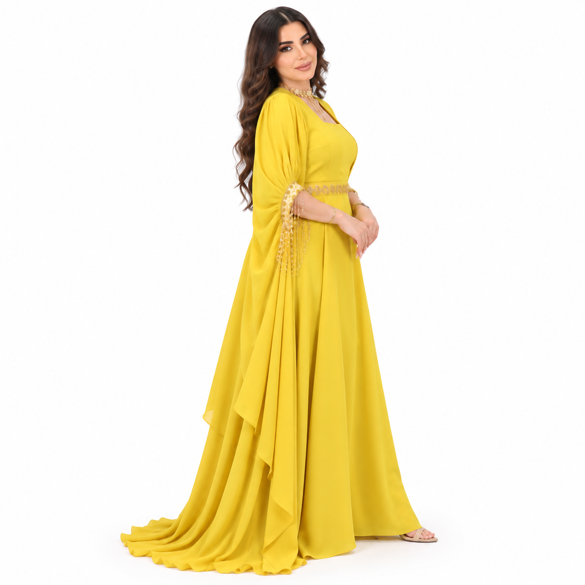 Mustard Gold Embellished Luxury Moroccan Kaftan-2