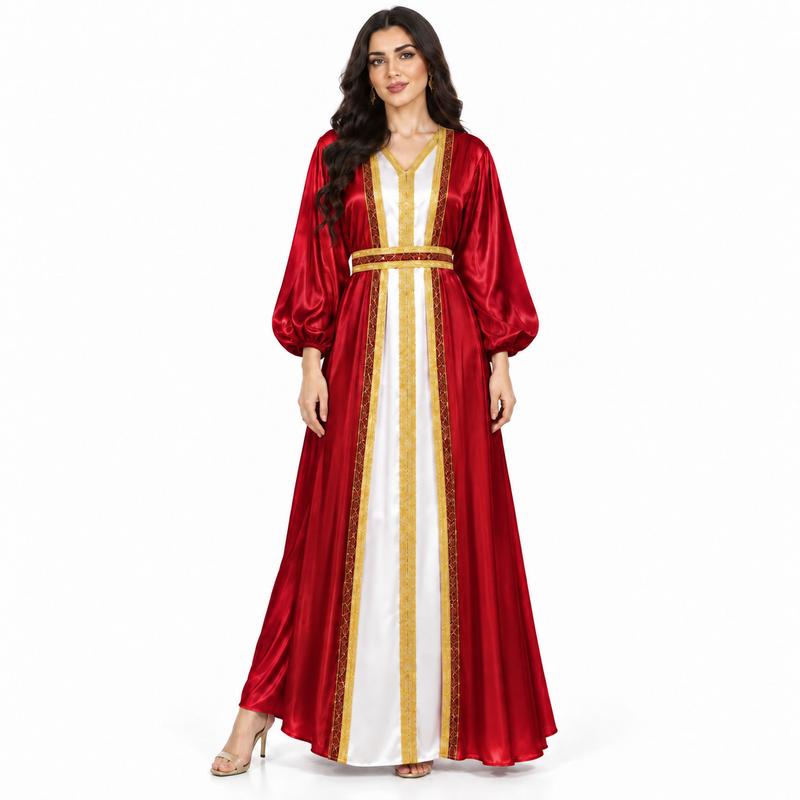 Ruby Red Gold Trim Satin Kaftan-1