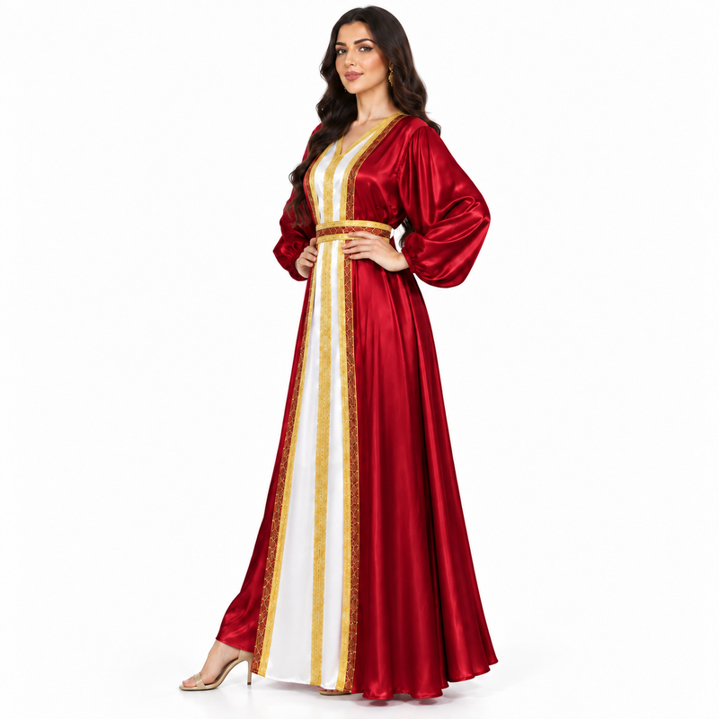 Ruby Red Gold Trim Satin Kaftan-2