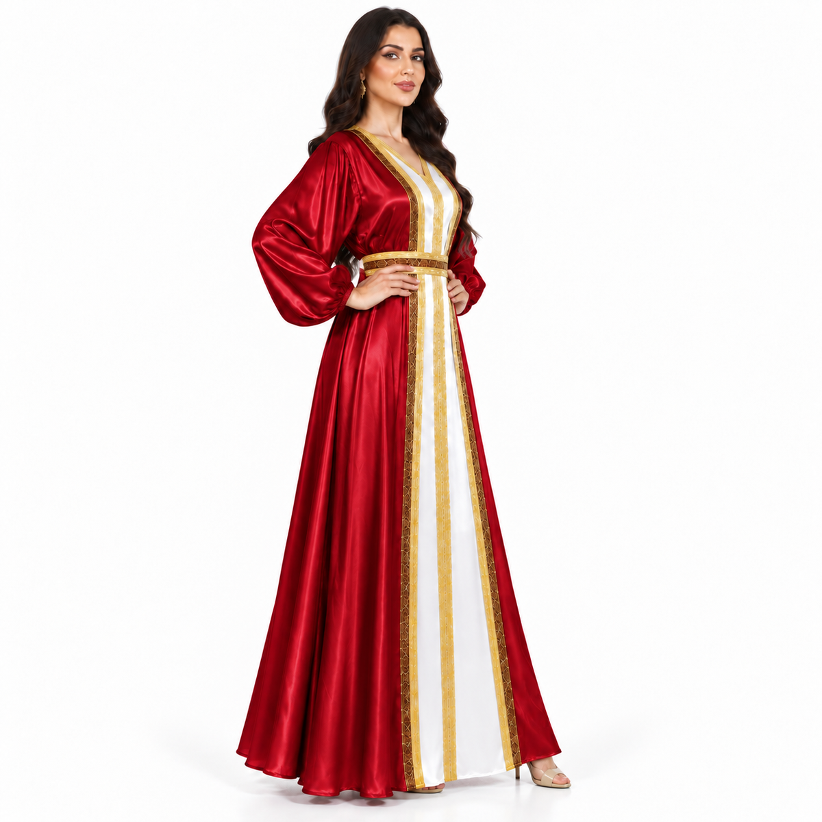 Ruby Red Gold Trim Satin Kaftan-3